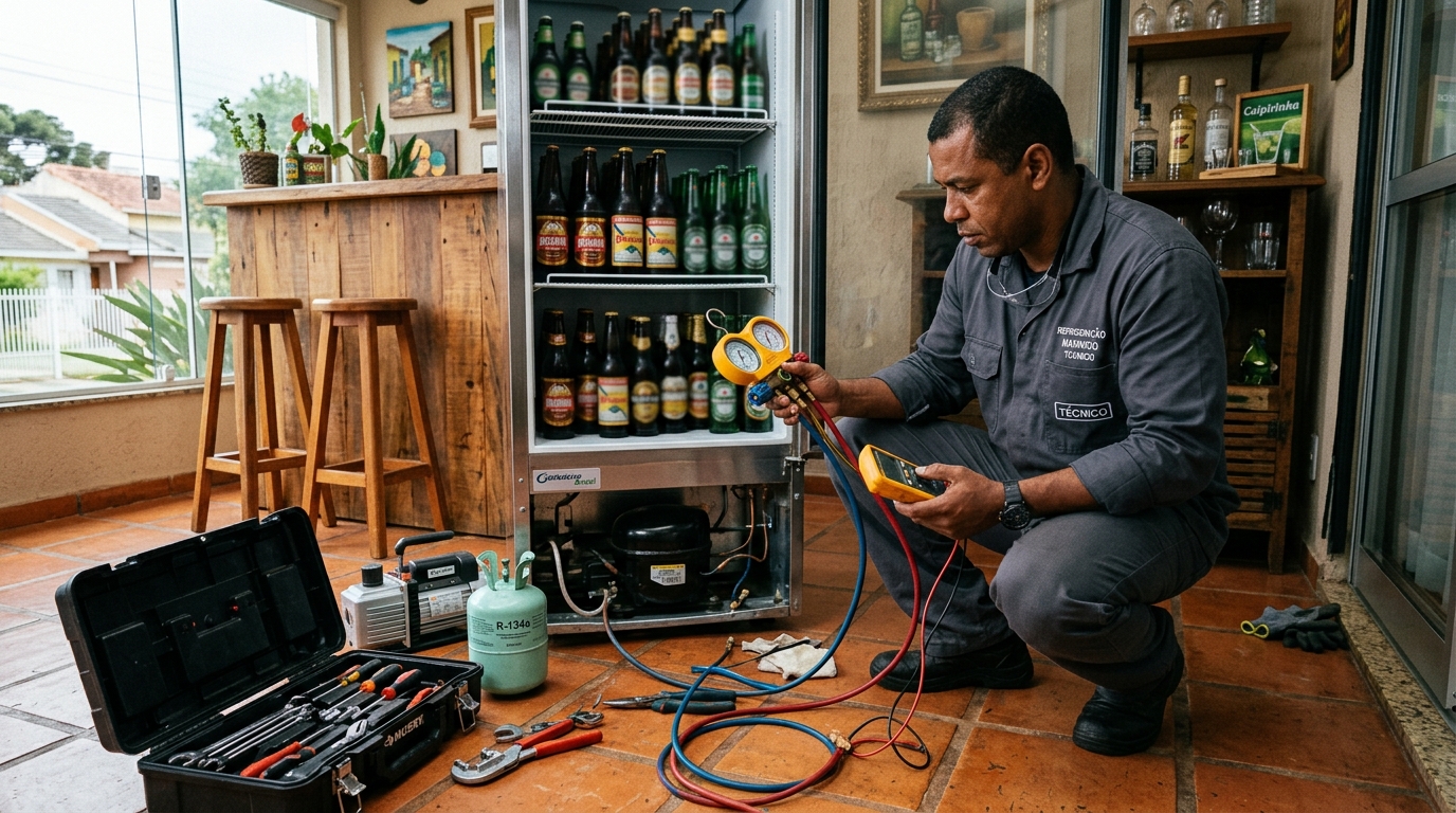 Técnico revisando o motor de uma cervejeira durante chamado em Volta Redonda‑RJ