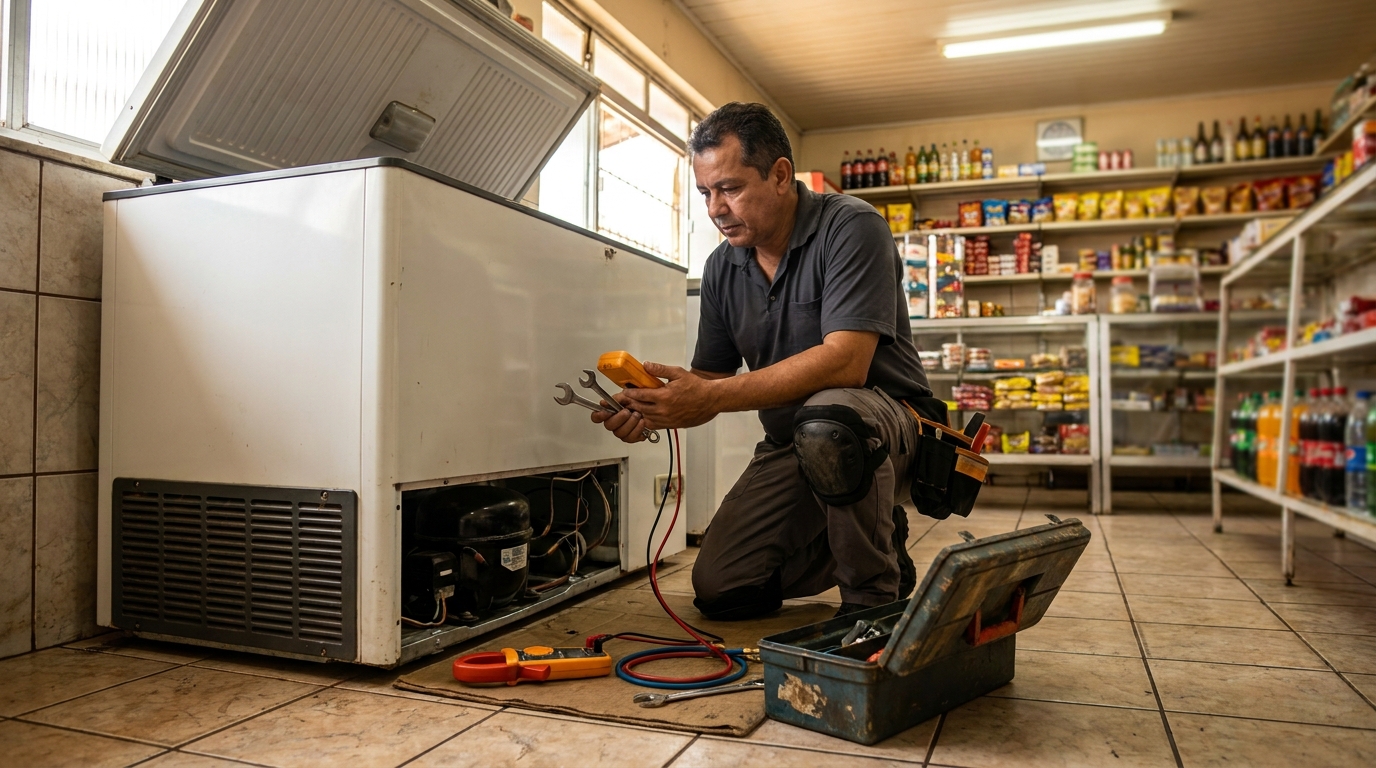 Técnico reparando o motor de um freezer horizontal em Volta Redonda‑RJ