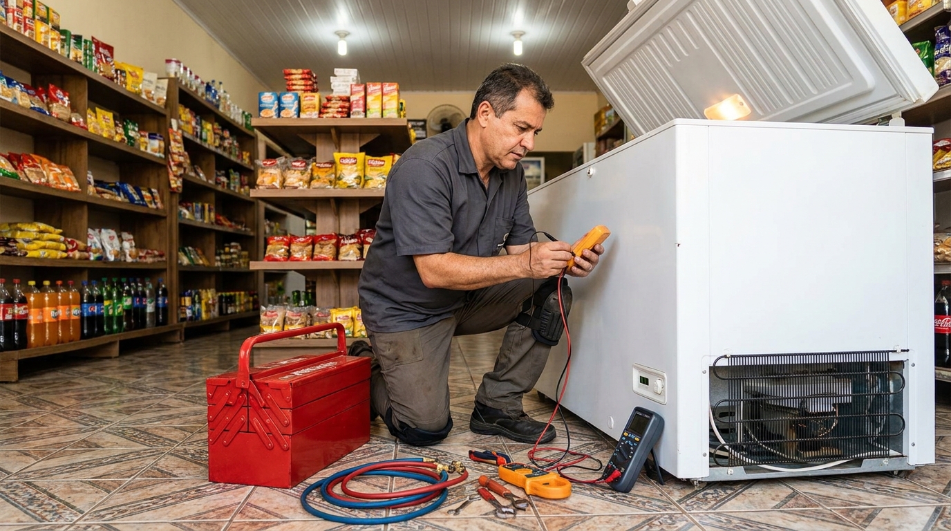 Manômetro conectado ao circuito durante recarga de gás de freezer em Volta Redonda‑RJ