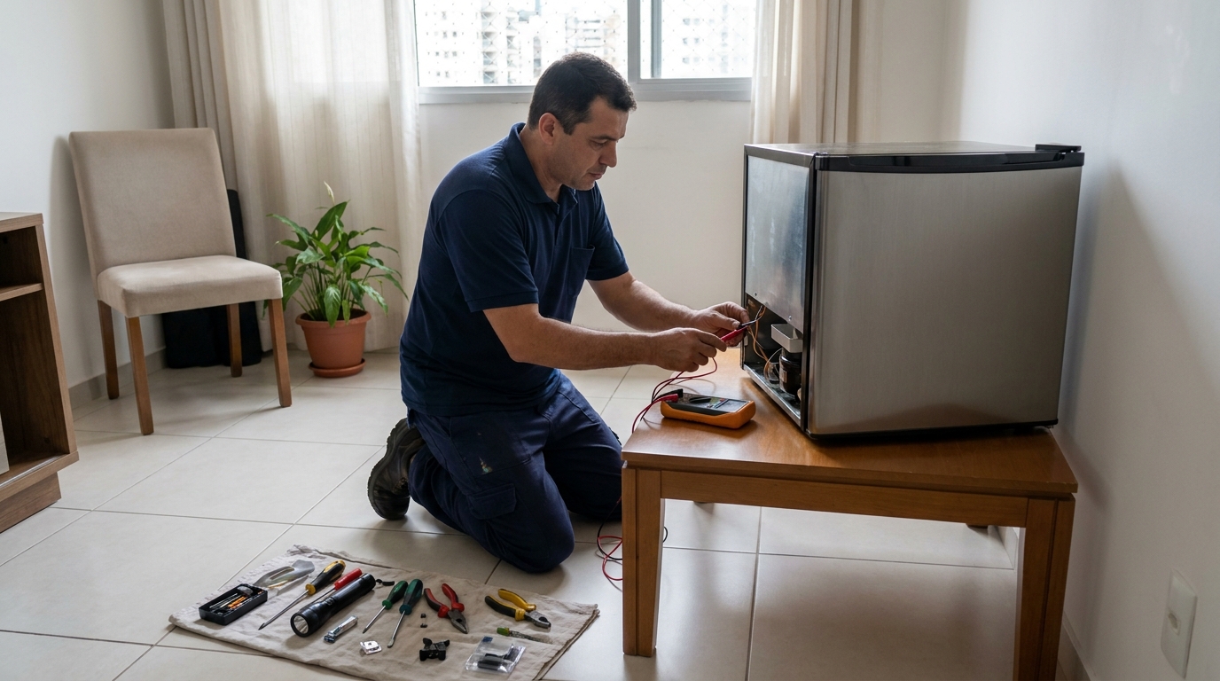 Técnico avaliando um frigobar compacto durante atendimento em Volta Redonda‑RJ